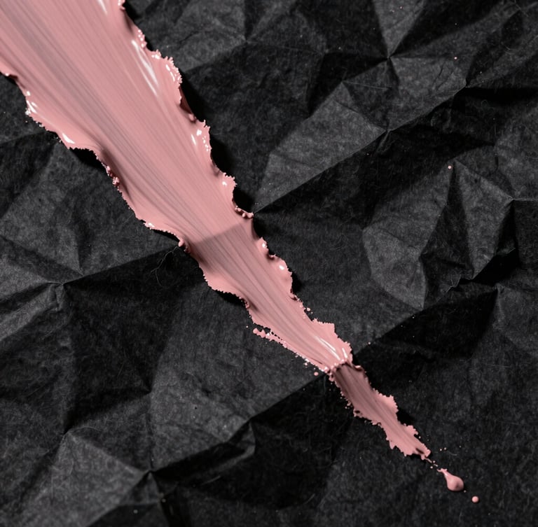 Extreme close-up, high-contrast chiaroscuro lighting. Abstract physical textures of crumpled black paper slashed with dusty rose paint, deep shadows, raw tactile digitalism, Dutch angle framing.