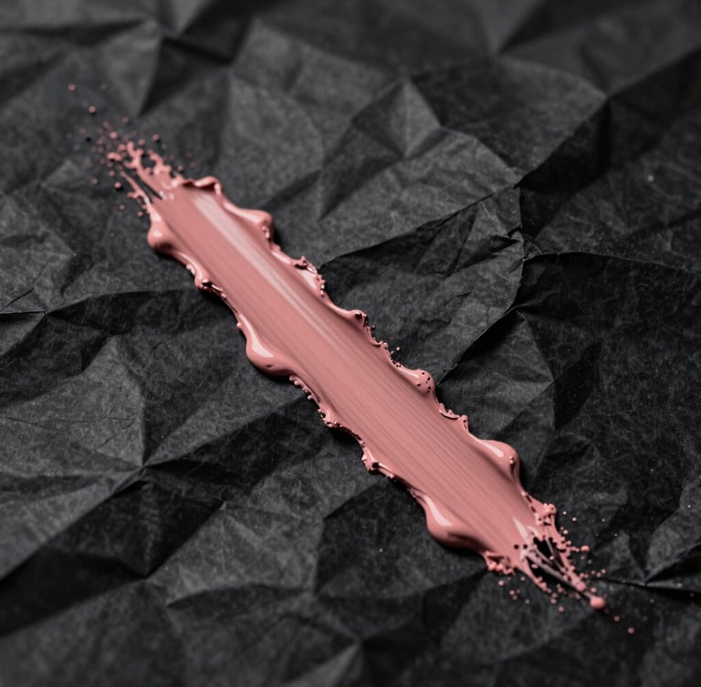 Extreme close-up of crumpled black paper slashed with a single streak of dusty rose paint, harsh flash lighting, deep shadows
