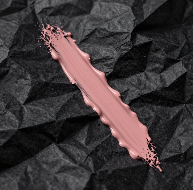 Extreme close-up of crumpled black paper with a slash of dusty rose paint, harsh flash lighting, high contrast.