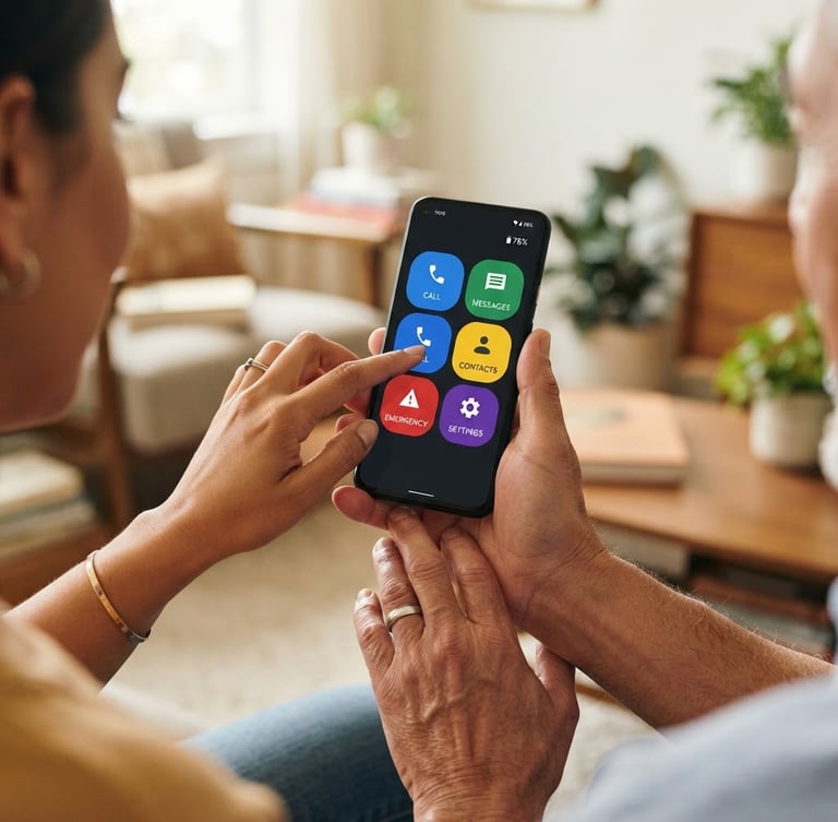 Over-the-shoulder shot of diverse hands holding a smartphone displaying a high-contrast, simplified Android interface with large tactile buttons, in a well-lit living room, soft natural daylight.
