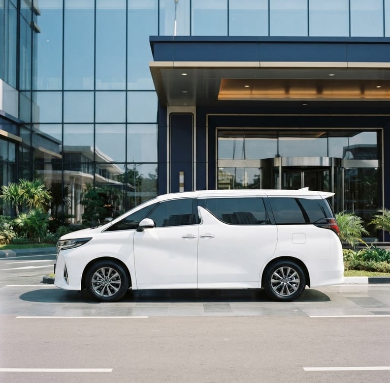 Side profile of a pristine white Toyota Alphard parked in front of a modern glass executive terminal in Batam, bright natural daylight, clean reflections, elegant navy tones, professional 35mm photography.