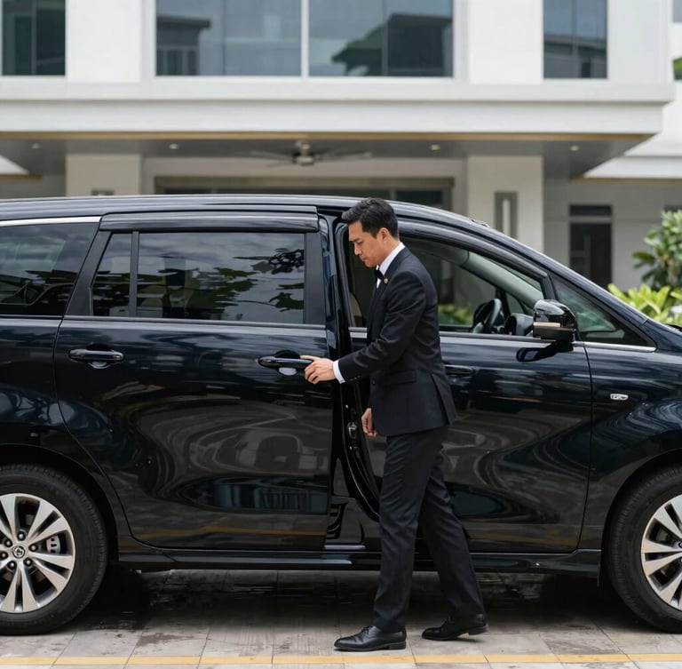 Professional chauffeur in formal attire opening the door of a black Toyota Innova Zenix, modern Batam landmark in the background, elegant lighting, 35mm
