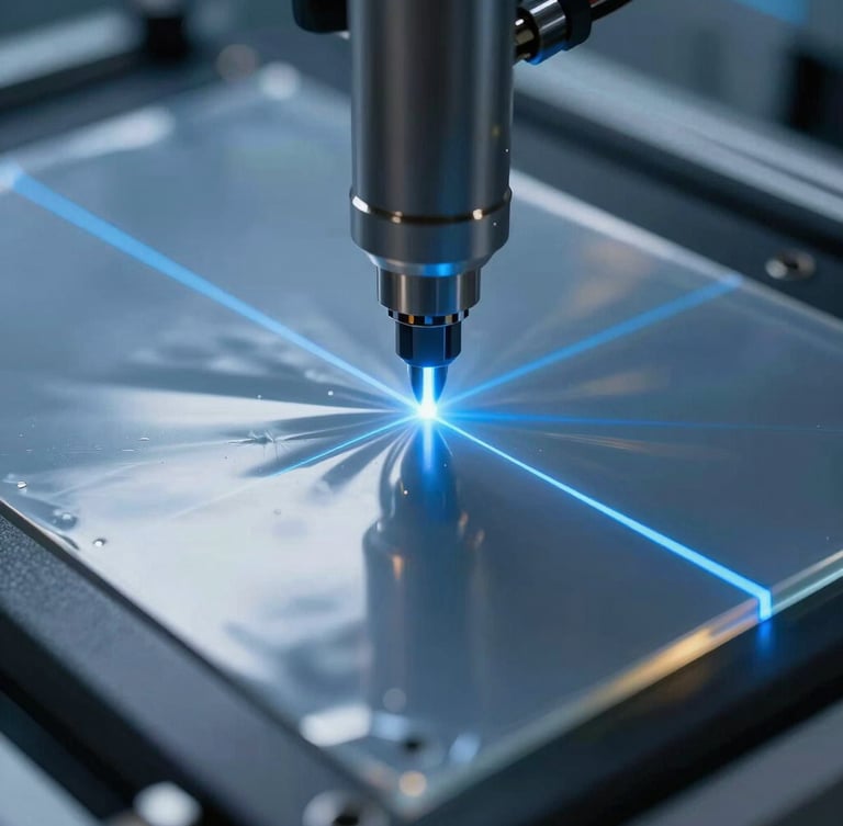 Extreme close-up of a high-tech laboratory test on polymer film, laser alignment lines, cool blue highlights, scientific precision, 35mm