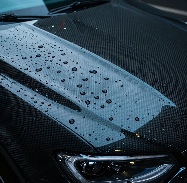 Extreme macro close-up of water droplets bead-sliding off a highly reflective, carbon-fiber car hood protected by BASF Rodim film, cool cyan highlights