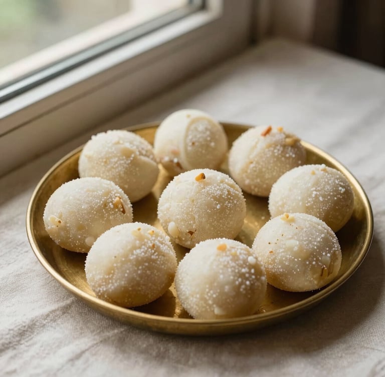 An overhead Hasselblad shot of traditional Godavari sweets like Pootharekulu and Ariselu arranged on a vintage brass platter, warm natural window light highlighting the delicate textures, soft ivory linen background.