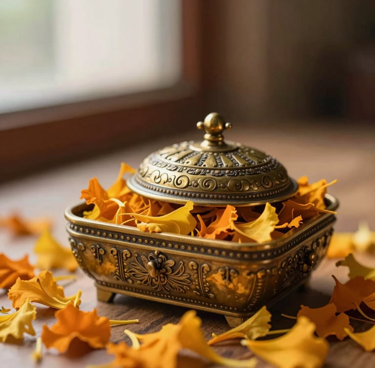 Close-up of a handcrafted brass kumkum box nestled in marigold petals, warm side-lighting, elegant editorial photography, Hasselblad medium format