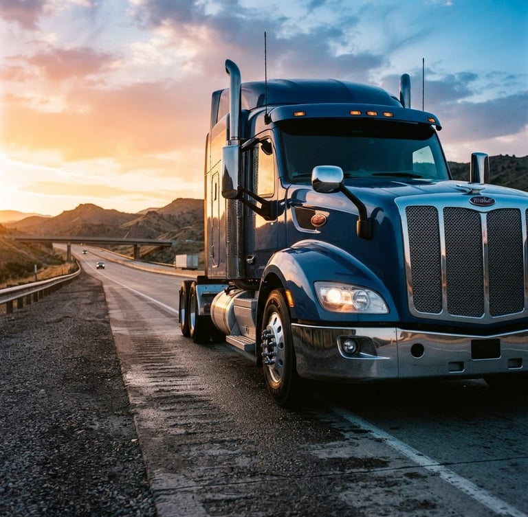 Low-angle heroic shot of a modern clean semi-truck cab parked under dramatic early morning highway light, sharp focus, 35mm lens.