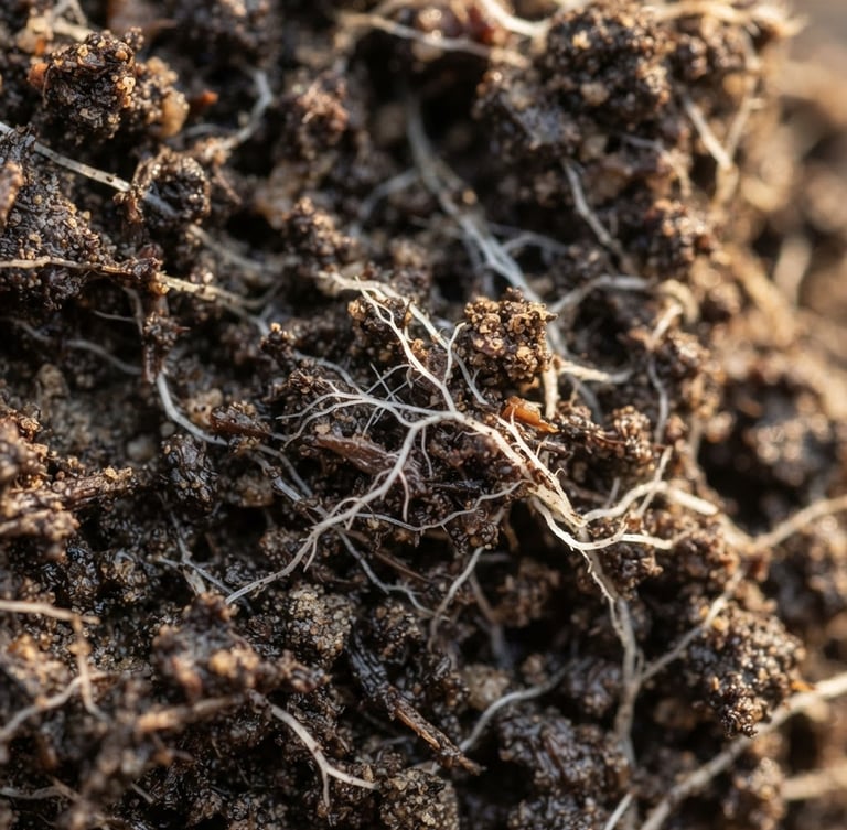 Extreme close-up of dark, rich organic soil with fine white plant root structures weaving through, soft morning light, shallow depth of field, macro agricultural photography
