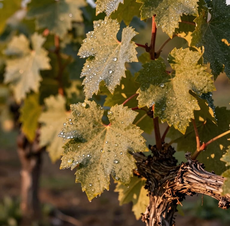 Healthy grapevines in morning light, macro shot of dew-covered leaves and thick textured vine bark, warm editorial agricultural photography, soft focus background