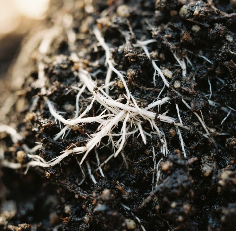 Extreme close-up of healthy white root structures weaving through rich dark organic soil, soft morning sunlight, shallow depth of field, 35mm