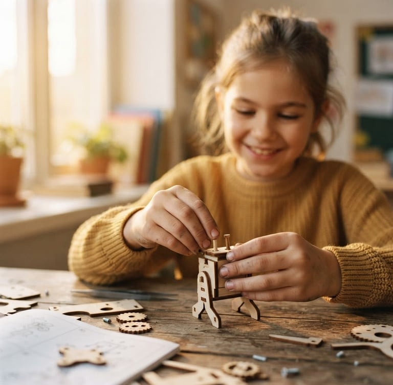 Candid close-up of a young student's hands assembling a small wooden robot kit, warm golden window light, soft focus on smiling face in the background, 35mm