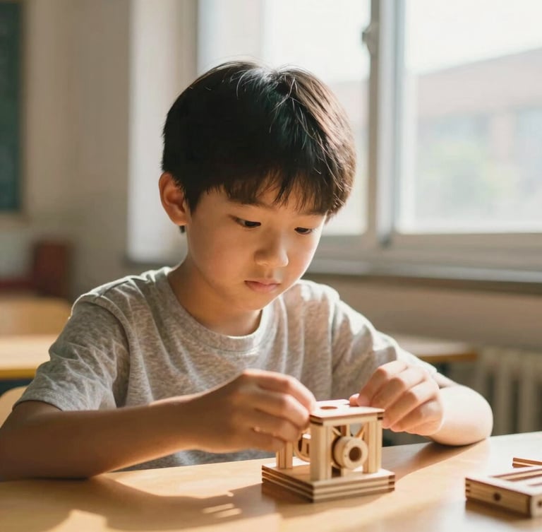 A close-up shot of a young student focused on building a wooden STEM model in a sunlit classroom, warm window light, 35mm