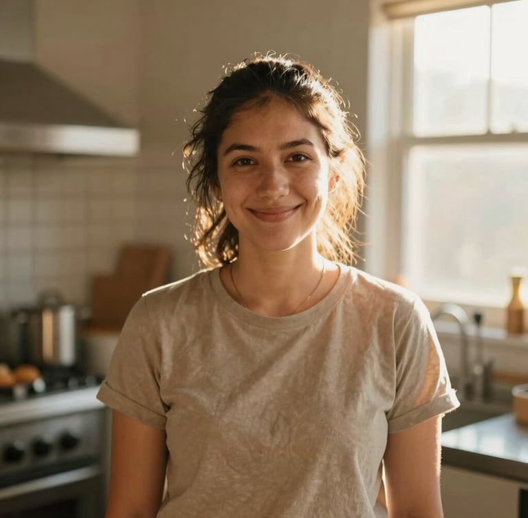 A warm candid portrait of a female community organizer smiling gently in a sunlit community kitchen, soft golden hour daylight, shallow depth of field, 35mm.