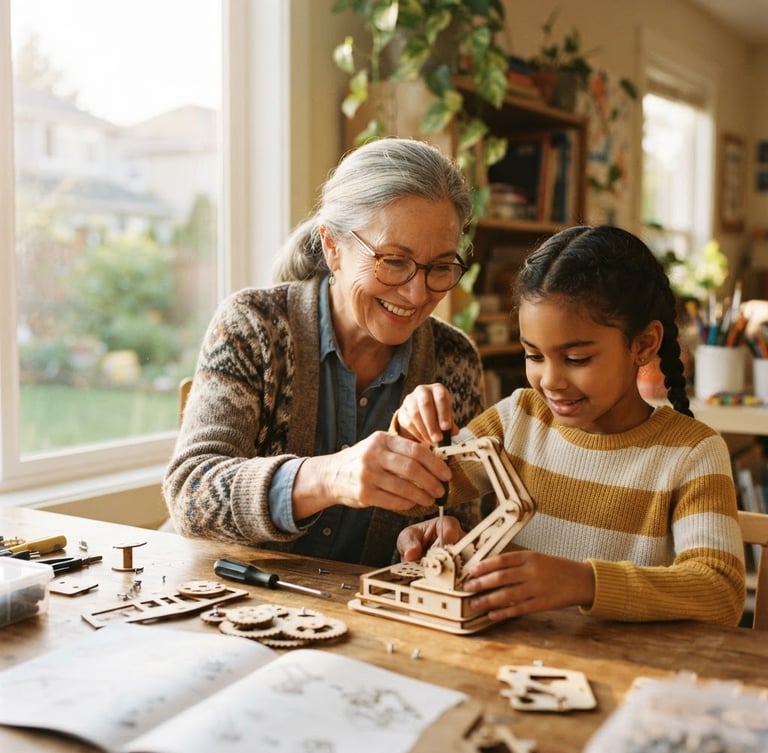 Warm candid photograph of an older mentor smiling and helping a young student assemble a wooden STEM kit by a sunny window, 35mm, shallow depth of field