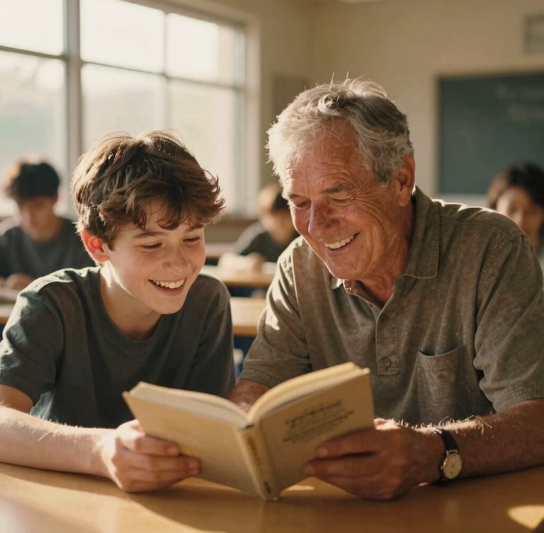 An older mentor and a teenager laughing together over a shared book at a local community center, golden-hour light, candid, 35mm