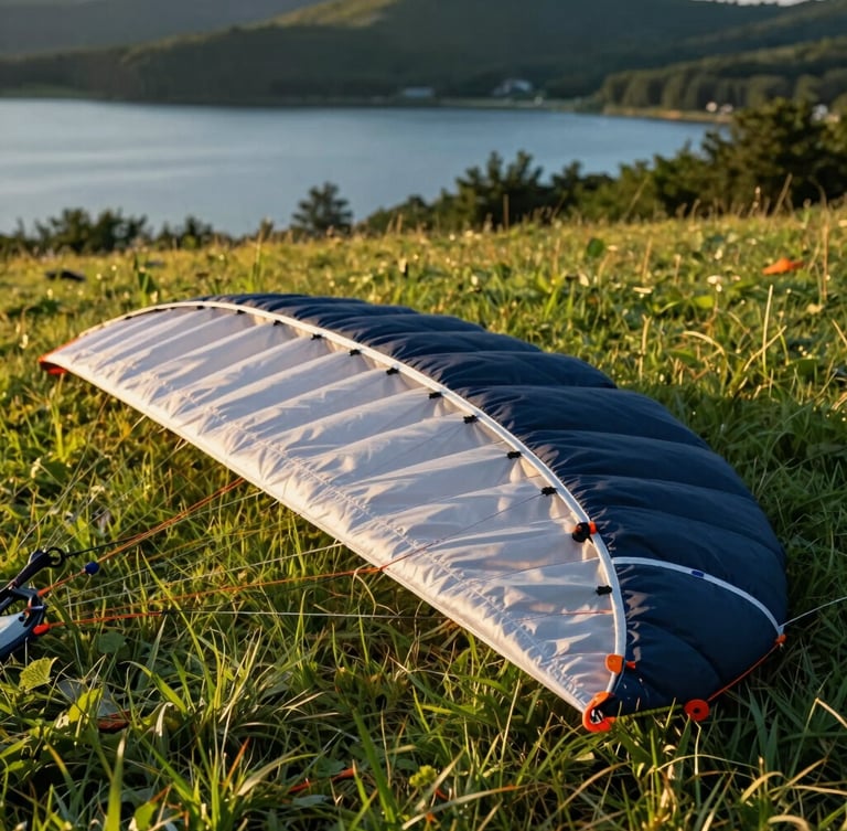 Close-up of premium technical outdoor gear, clean lines of a paraglider wing laid out on emerald green grass, warm golden hour sunlight, focus on high-quality stitching and materials.