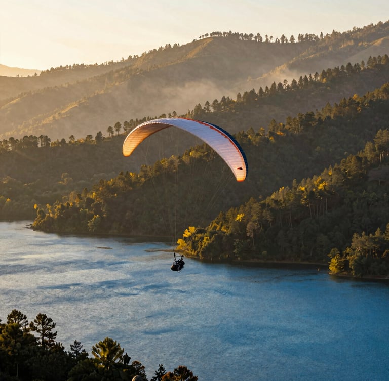 Wide environmental shot of a single paraglider soaring silently over a deep blue lake in Valle de Bravo, warm golden hour sunlight reflecting off the water, mist rising from the distant pine-covered mountains.