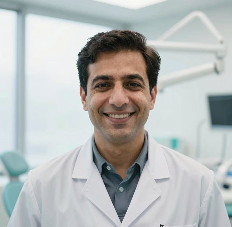 Professional medium close-up portrait of Dr. Vahid Ali Joya in a clean clinical coat, smiling warmly in a bright, modern dental office with soft clinical depth of field.