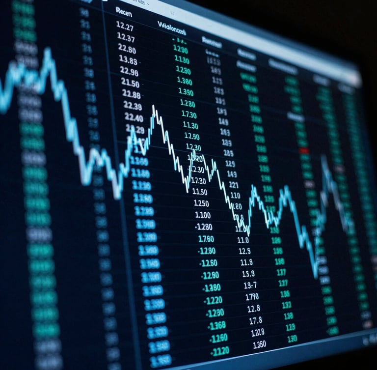 Macro shot of high-resolution financial data screens displaying real-time mathematical calculations, glowing electric blue and teal lines, dark low-key lighting, 35mm photography