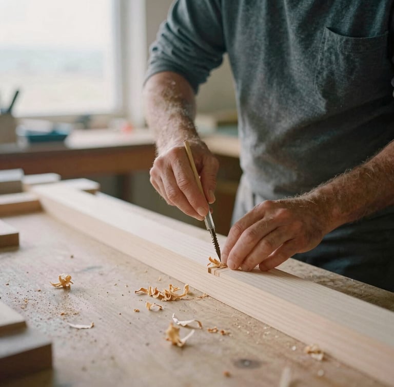 Medium format film photograph of a craftsman carefully carving a timber joint on-site, soft natural workshop light, wood shavings on a heavy workbench, shallow depth of field