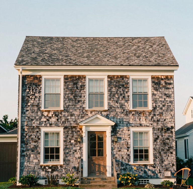 Straight-on architectural elevation of a restored historic Guilford home, soft coastal morning daylight, weathered cedar shingles, medium format film