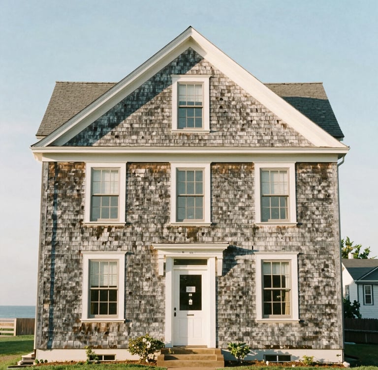 Straight-on architectural elevation of a restored historic home in Guilford, soft coastal daylight, weathered cedar shingles, medium format film.