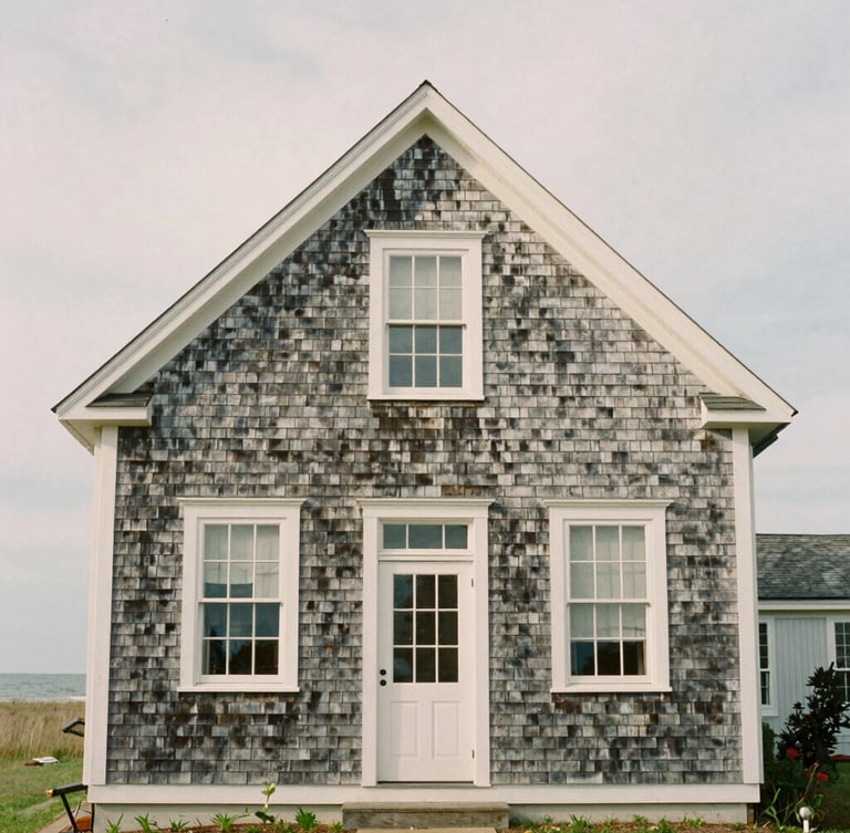 Straight-on architectural elevation of a weathered cedar shingle home on the Guilford coast, soft overcast daylight, medium format film