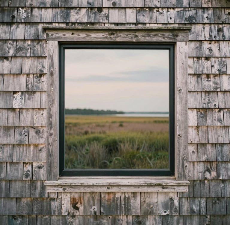 Close-up of a weathered cedar shingle wall framing a large, minimalist black-framed window reflecting the Guilford salt marshes under a soft overcast sky