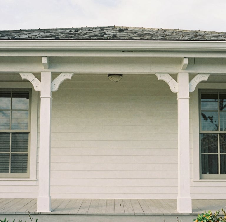 Straight-on architectural elevation of custom hand-carved timber molding inside a restored Guilford home, soft natural coastal daylight, medium format film texture