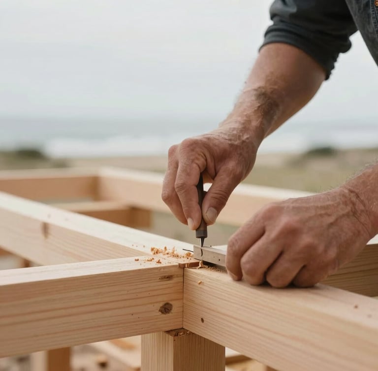 Close-up of a craftsman's hands carving timber joinery on-site in Guilford, soft overcast daylight, wood shavings visible, warm tones