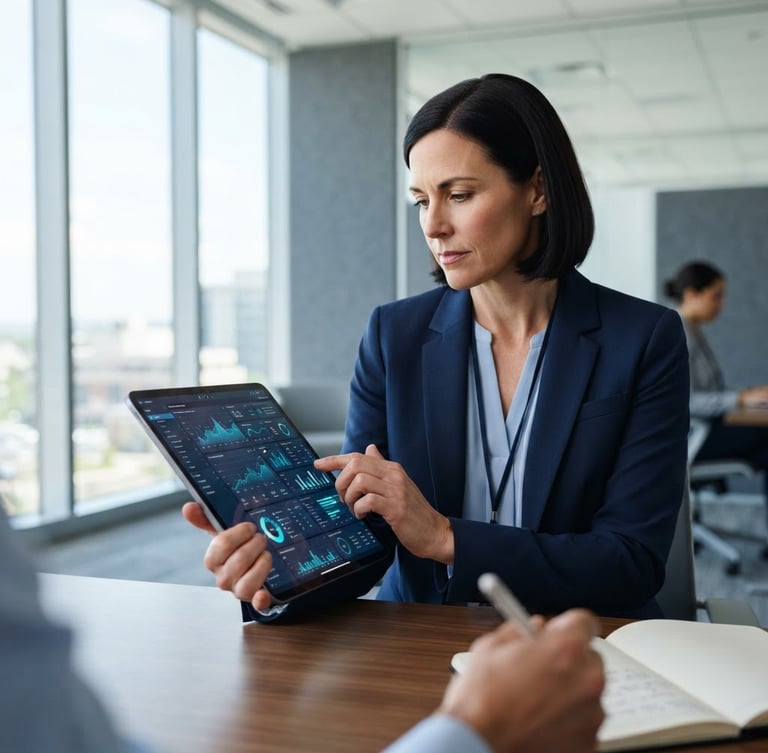 Medium close-up of a professional medical administrator analyzing secure dashboard data on a tablet in a bright slate-toned office.