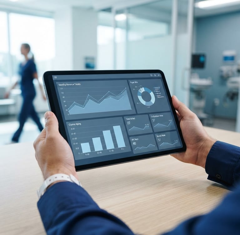 Close-up shot of a tablet displaying secure medical billing dashboard charts in a bright modern clinic, professional clean office lighting, cool blue and slate tones, sharp focus, 35mm lens.