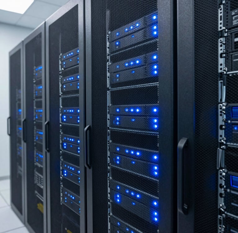 Detail close-up of high-tech secure server racks with glowing blue indicators in a pristine, climate-controlled data center.