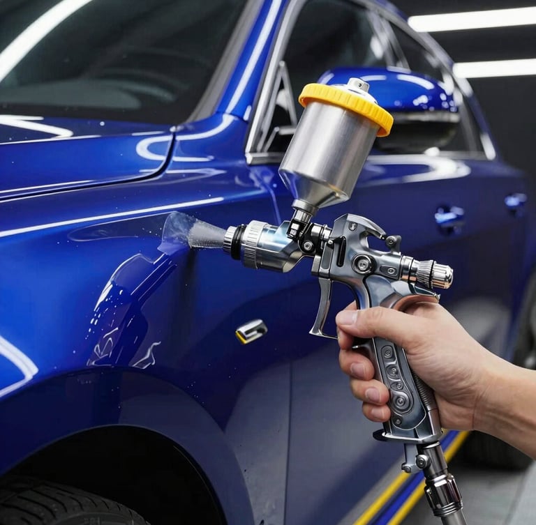 Dramatic close-up of a high-tech spray paint gun applying flawless deep metallic blue paint to a luxury car body under linear LED lights, sharp reflections, 35mm