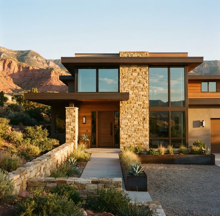 Crisp architectural exterior of a modern residential building in Cedar City, Utah, warm golden hour sun hitting the clean stone facade, straight-on architectural lines, 35mm