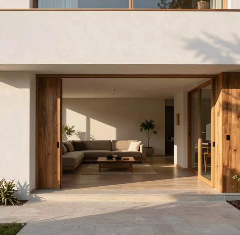 Bright natural daylight interior of a modern living space, clean architectural lines, warm wood accents, rich desaturated tones, 35mm