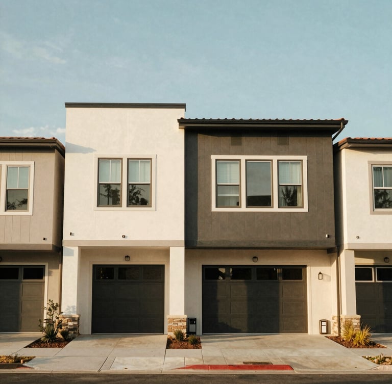 Crisp architectural exterior of a contemporary residential community in Cedar City, straight-on clean architectural lines, bright natural daylight, rich desaturated tones, 35mm