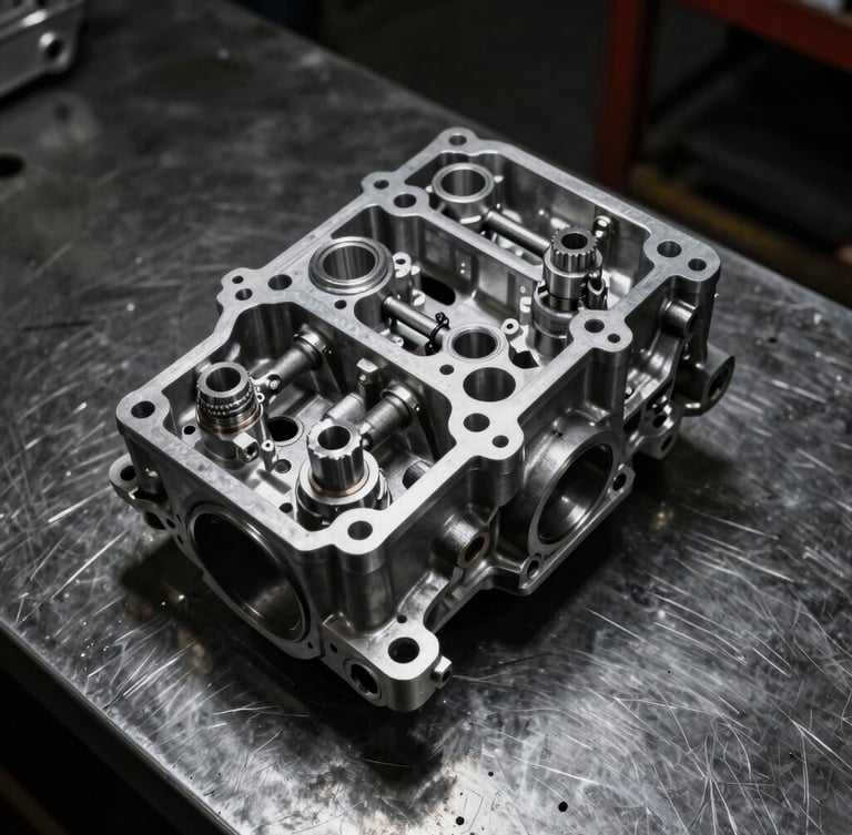 Overhead flat-lay of a completely rebuilt and precision-cleaned aluminum transmission valve body resting on a dark steel workshop bench, dramatic side-lit spotlighting highlighting metallic textures and clean surfaces.
