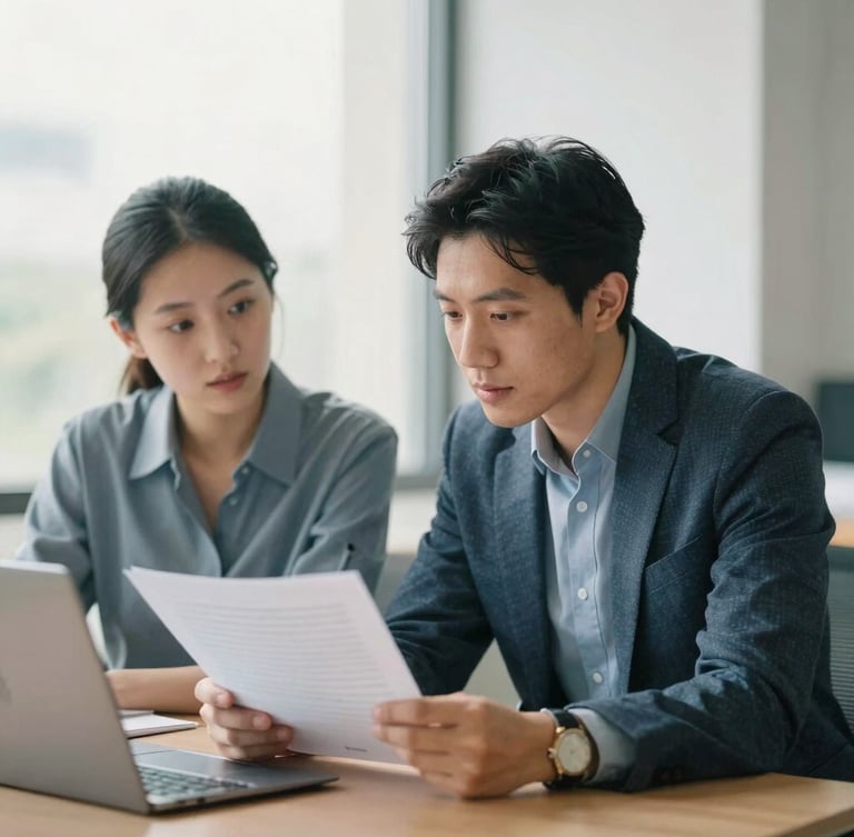 A collaborative professional consultation in a bright, modern office with soft natural window daylight. Two colleagues review a strategic document together, showing focused and engaged expressions. Muted corporate blue tones, shallow depth of field, 35mm photography.