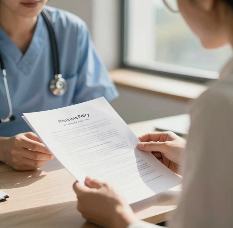 Close-up of two healthcare policy consultants reviewing a printed document in a bright, sunlit office, warm daylight, shallow depth of field, 35mm