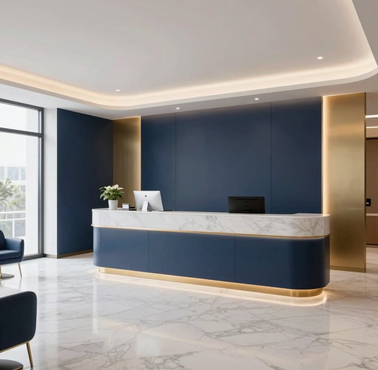 Modern and luxurious family clinic reception lounge, clean marble floors, deep navy walls with soft gold accents, warm ambient lighting, wide angle portrait