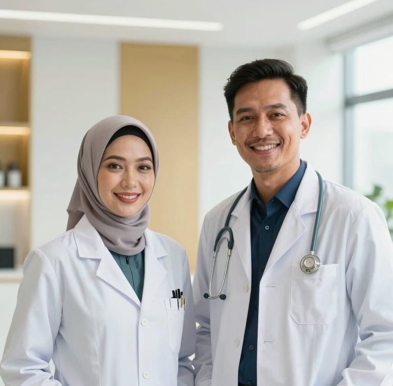 Professional portrait of a Malay male doctor and female doctor in clean white coats, smiling warmly, bright natural daylight, modern clinical setting with gold accents, 35mm