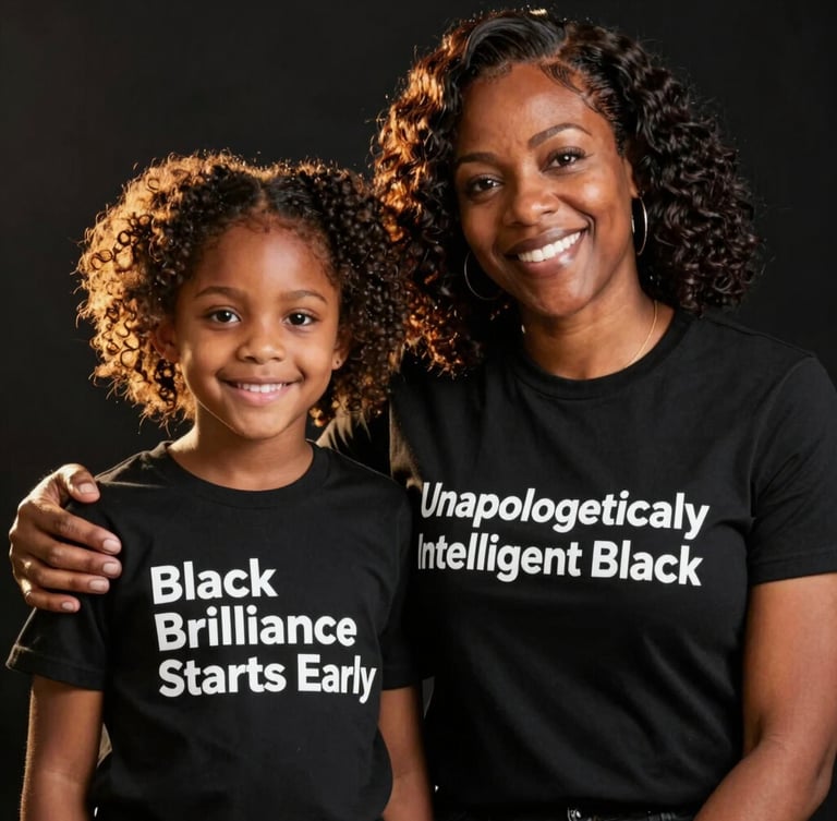 Warm candid family portrait of a Black mother and her young daughter, both wearing minimal black tees with crisp white text, shallow depth of field, soft gold backlighting.