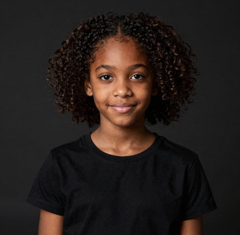 Editorial portrait of a young Black girl wearing a minimalist white statement tee, confident expression, high-contrast studio lighting, warm gold undertones, deep black background, sharp focus