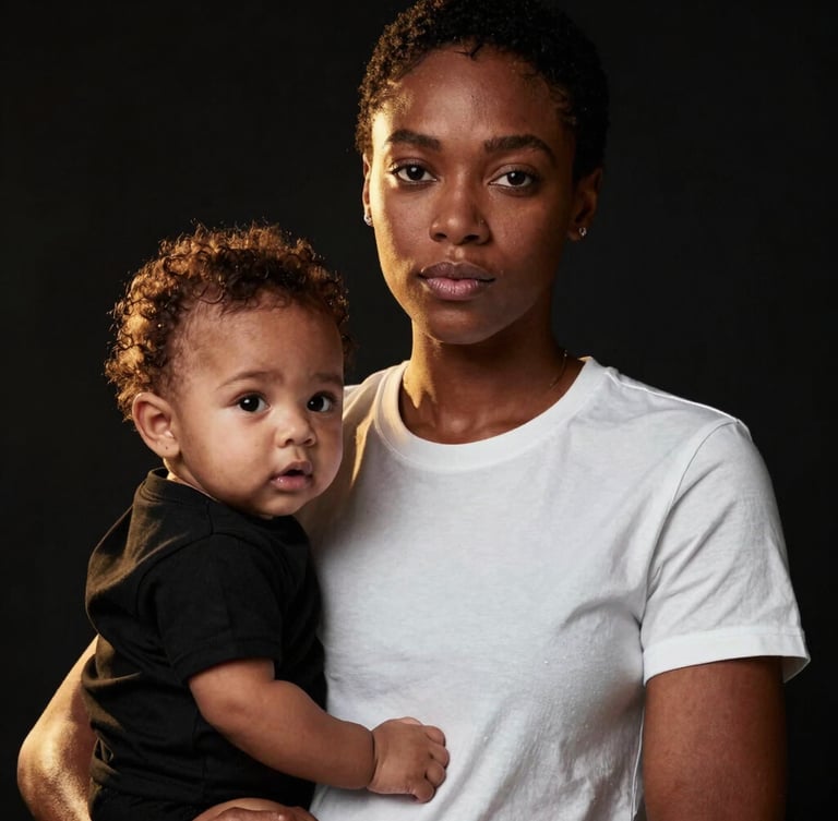 Medium close-up of a proud Black mother holding her baby, both wearing minimalist black and white statement tees, high-contrast dramatic studio lighting, warm gold backlighting, deep black background.