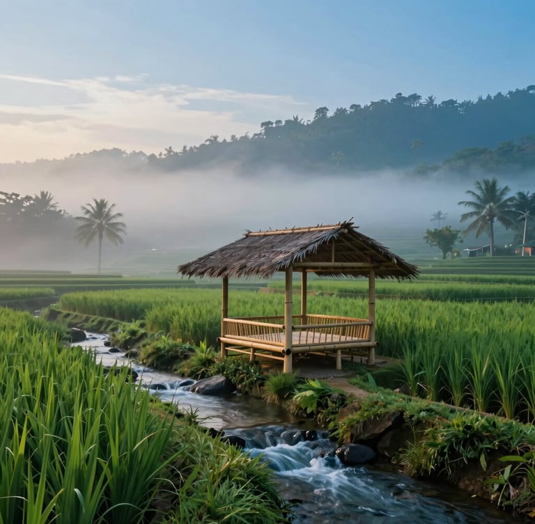 Cinematic shot of a minimalist bamboo pavilion overlooking misty green rice terraces in Sidemen at dawn, slow-shutter water in a nearby stream, 35mm lens
