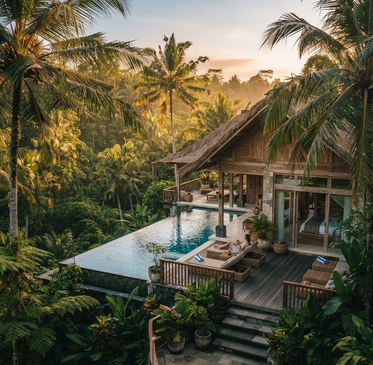 A high-end architectural villa integrated into the lush green jungle canopy of Ubud, golden hour light filtering through palm leaves, 35mm lens