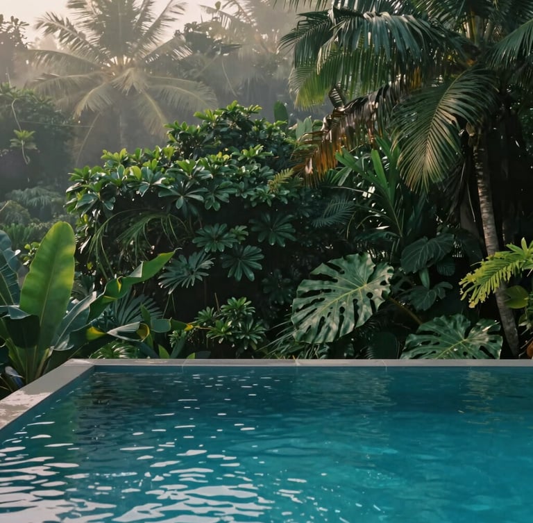 Minimalist architectural pool integrated into lush tropical jungle, misty morning light, deep emerald tones, rich textures, 35mm lens