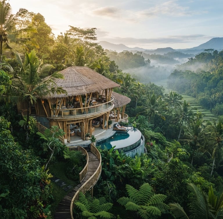 Cinematic wide shot of a modern bamboo villa integrated into a misty jungle canopy in Sidemen, soft morning light, 35mm lens.