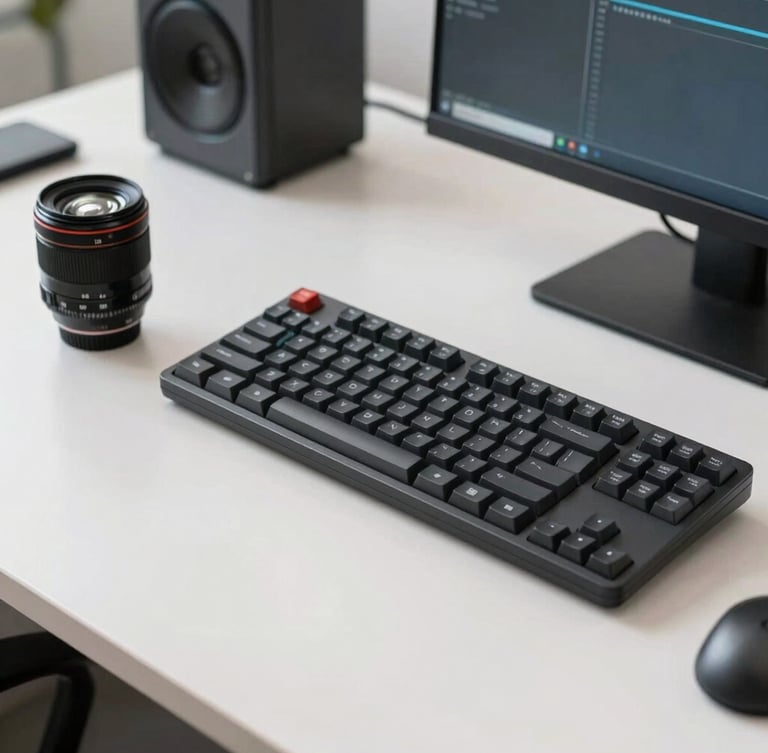 A technician's workspace with diagnostic tools and a mechanical keyboard, natural office daylight, crisp editorial photography, 35mm lens